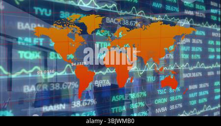 Displaying orange world map with red grid over scrolling stock tickers on trading screen Stock Photo