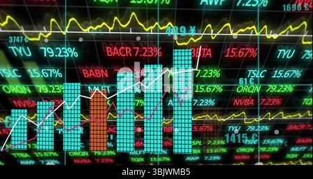 Central cyan bars overlaid with line graphs displaying stock on trading screen, floating tickers Stock Photo