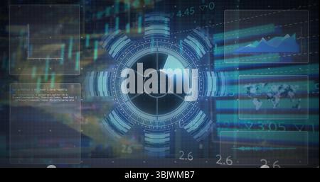 Animating central circular gauge displaying segmented bars in HUD, with translucent data panels Stock Photo