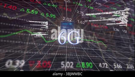 6G text hovering over wireframe grid in network space, with numerals, arrows, chart lines, code Stock Photo