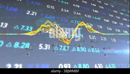 Displaying multi-colored line graph fluctuating on grid overlay, markers and numeric labels Stock Photo