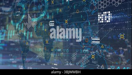 Showing digital world map streaming glowing line charts on analytics panel, with numeric overlays Stock Photo