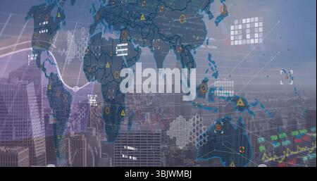 Overlaying digital world map projecting line graphs over city skyline, with warning icons Stock Photo