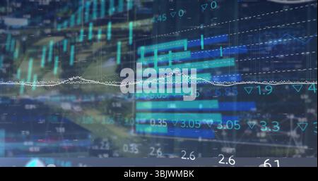 Chart overlay displaying candlestick bars, bar graphs and numeric data points on trading interface Stock Photo