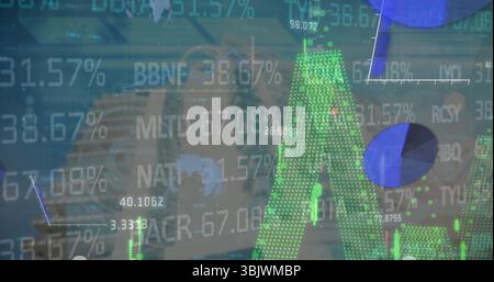 Displaying green dotted bar chart rising on financial interface with tickers and pie charts Stock Photo