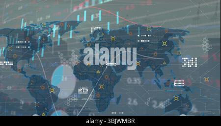 Displaying world map with node links, candlesticks, trend lines and numeric overlays on dashboard Stock Photo