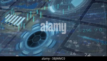 Displaying holographic dashboard at control hub, with circular gauges and floating numeric readouts Stock Photo