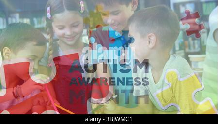 Collaborating classmates painting on paper at library table, with brush and autism awareness banner Stock Photo