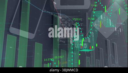 Displaying chart on office desktop with smartphone, calculator keypad and candlestick data overlays Stock Photo