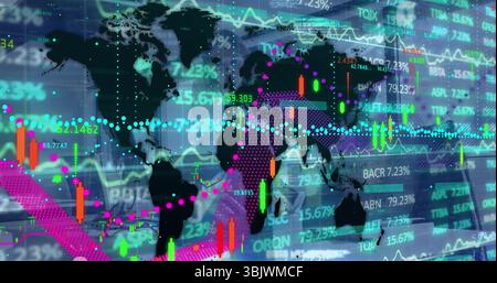 Displaying world map silhouette on trading dashboard with candlestick bars and line graphs Stock Photo