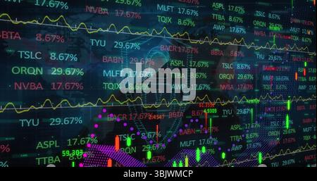 Trading console displaying market data in dark grid, with tickers, line graphs and candlestick bars Stock Photo