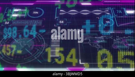 Projecting holographic data panels showing numeric readouts and world map overlay on grid interface Stock Photo
