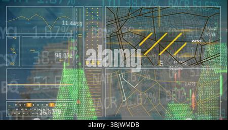 Displaying dashboard interface in virtual control room, showing charts, gauges, maps and grids Stock Photo