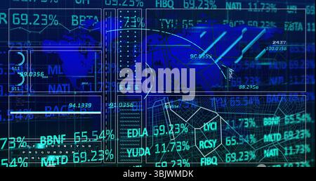 Displaying analytics dashboard on monitor, with data panels showing charts, nodes and numeric codes Stock Photo