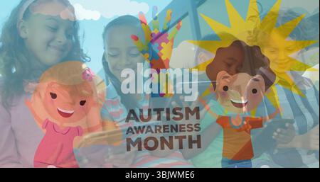 Smiling school kids using tablets in classroom with puzzle hand and Autism Awareness Month banner Stock Photo
