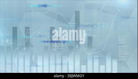 Displaying digital interface on screen with bar charts, line graph, candlestick and code snippets Stock Photo