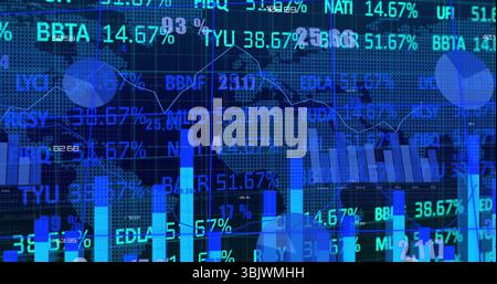 Displaying data visualization on digital screen, with bar charts, line graphs and ticker symbols Stock Photo