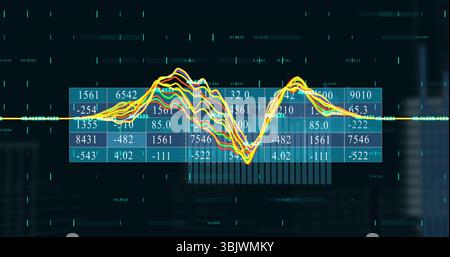 Displaying numeric table, colorful waveforms, faint bar chart columns and data strings on screen Stock Photo