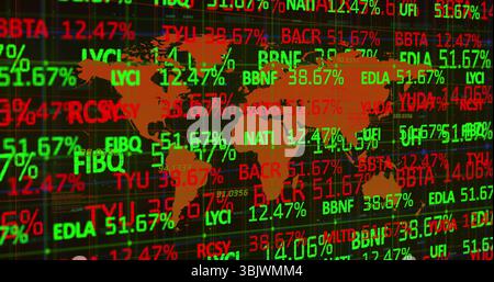 Displaying orange world map silhouette overlaying digital dashboard, with scrolling stock tickers Stock Photo
