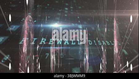 Displaying glowing text FIREWALL DISABLED hovering within cyberspace, pillars, numeric digits Stock Photo
