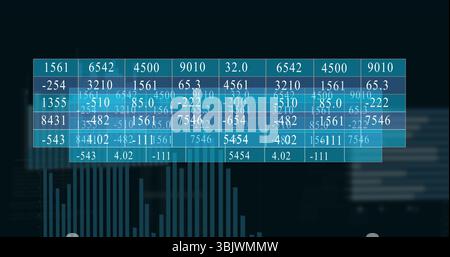 Displaying see-through blue data grid on virtual dashboard, with bar chart and blurred text blocks Stock Photo
