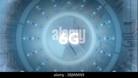 Displaying 6G holographic circular interface on grid, with radiating arrows and circuit traces Stock Photo