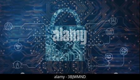 Displaying padlock icon with circuit pattern over circuit board, featuring security and cloud icons Stock Photo