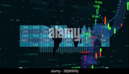 Displaying world map silhouette overlaying data grid in finance dashboard, with candlestick bars Stock Photo