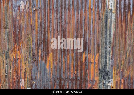Rusted corrugated metal siding with an array of earthy tones resembling abstract painting. Vertical lines and rivet patterns add industrial element. Stock Photo