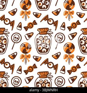 seamless pattern featuring a whimsical jar filled, candies shaped like eyes, lollipops, skulls, and bats. playful design captures the fun and spooky Stock Vector