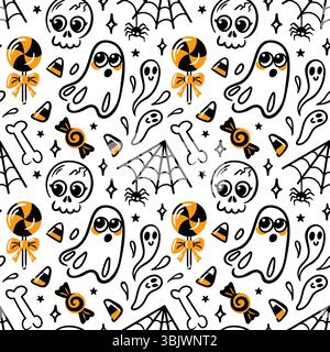 seamless vector pattern showcases cute kawaii lollipops, playful skulls, spider webs, and whimsical bones. Ideal for Halloween-themed designs, it Stock Vector