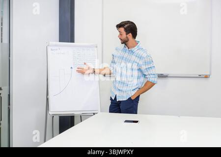 Flip chart displaying upward-trending curve with data on easel in office near smartphone on table Stock Photo