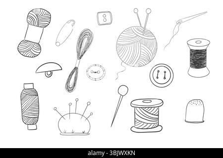 Sewing set with thread, needle doodle hand drawn. Handmade crafts embroidery collection. Vintage tailor kit. Sewing accessories. Vector illustration Stock Vector