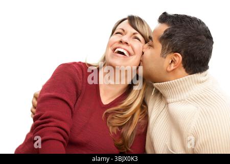 Attractive Mixed Race Couple Kissing on White Stock Photo
