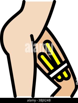 Inner thigh kinesio tape strips color icon. Joints and ligaments support. Elastic therapeutic tape. Muscles swelling and pain reduction. Isolated flat Stock Vector