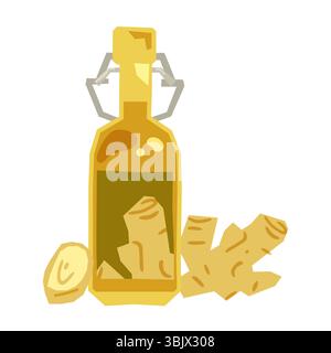 Ginger root with a bottle of infused drink. Flat cartoon style in warm colors, isolated on white background. Stock Vector
