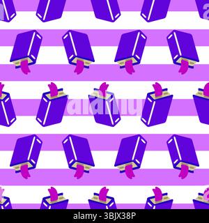 Seamless pattern with purple lighters and pink flames on striped violet and white background. Bold cartoon style with vibrant contrasting colors. Stock Vector