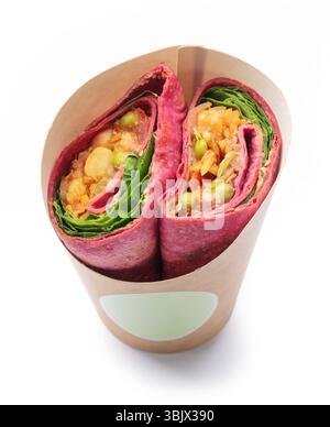 healthy vegan beet root wrap stuffed with vegetables isolated on white background Stock Photo