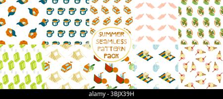 Colorful seamless patterns with summer objects like hats, ice cream, fans, juice, mugs, tents, and beach scenes. Flat cartoon style, bright and playfu Stock Vector