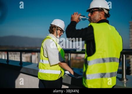 Architects discussing plans on an outdoor construction site Stock Photo