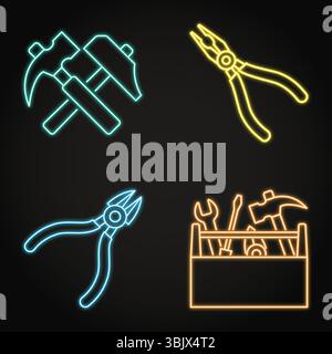 Repair tools neon icon set. Hammer, pliers, cutters and toolbox. Vector illustration. Stock Vector