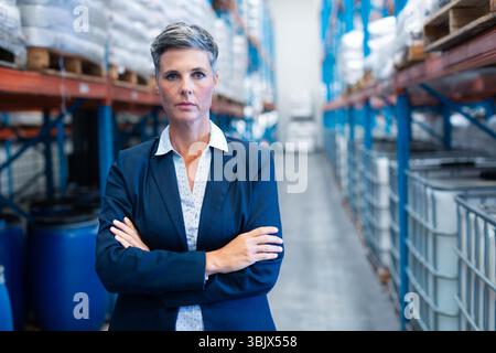 Female warehouse manager wearing blazer standing with arms crossed in aisle among pallets and drums Stock Photo