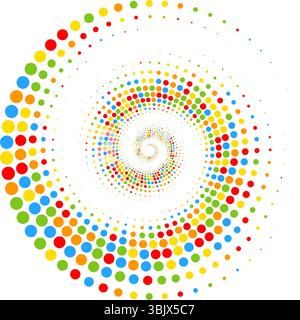 Abstract vector illustration of randomly scattered colorful dots, festive spiral vortex, dynamic composition with objects, isolated on white backgroun Stock Vector