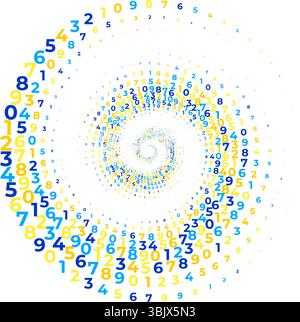 Abstract vector illustration of randomly scattered colorful numbers in shape of numeric spiral vortex, dynamic composition with digits figures, isolat Stock Vector