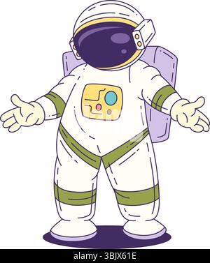 Cartoon astronaut mascot in a white suit with a jetpack standing with arms open, perfect for educational and science-themed designs. Vector mascot ill Stock Vector
