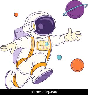 Colorful cartoon astronaut mascot floating among stars and planets in deep space, ideal for science, education, and exploration themes. Vector mascot Stock Vector