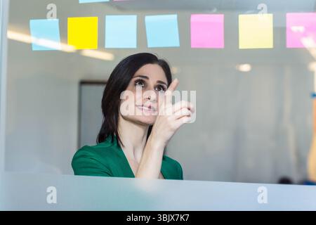 Woman wearing green blazer pointing at colorful sticky notes on glass partition at office Stock Photo