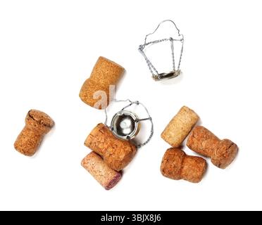 Corks from champagne wine and muselets on white Stock Photo