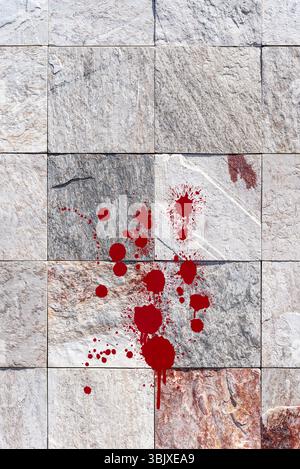 Red blood splatter on stone wall. Horror and crime background concept ...