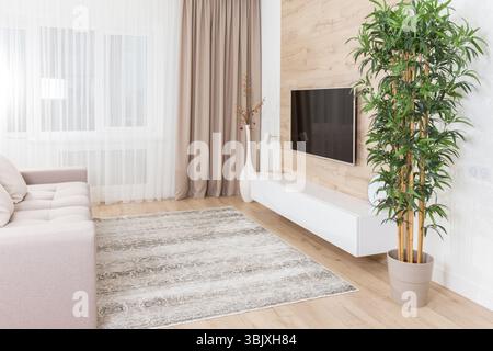 Living room with couch and led tv on wooden wall Stock Photo